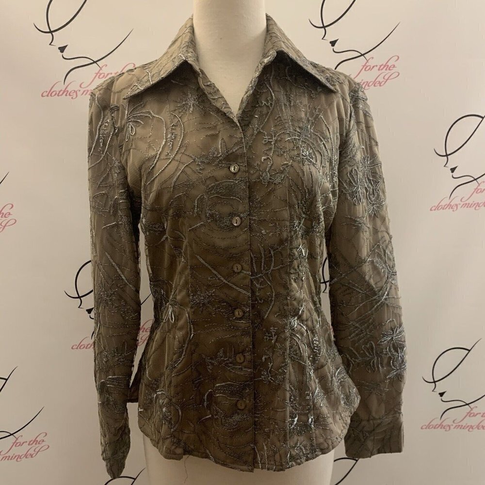Samuel Dong. Size 8. Sheer Metallic Net Lined Long Sleeve Button Up Shirt. B51